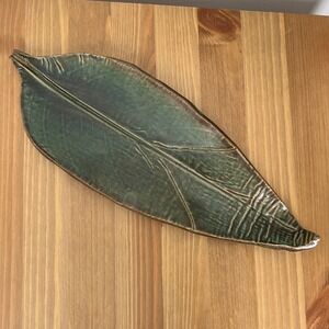 Handmade Ceramic Leaf Dish Tray Green Rustic Pottery Signed Canna mx